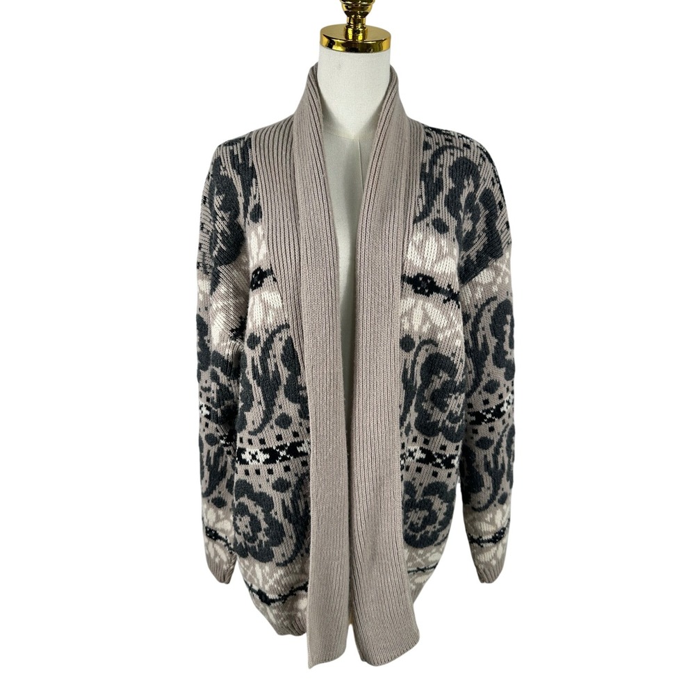 Vintage Mademoiselle Knit Cardigan Women L Grey Floral Shawl Collar Shoulder Pad